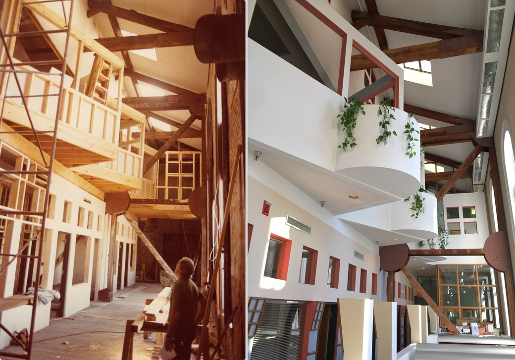 A two-story upper ballroom was transformed into three stories of loft office space within a naturally litatrium during a 1982 renovation by Errol Barron/Michael Toups Architects. (right) photograph by Robert Brantley, (left) by Allen Karchmer.
