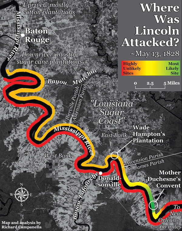 Richard Campanella identifies the area mapped in green tones, on the east bank of the Mississippi near the present-day town of Convent, as the most likely site of attack upon Lincoln. The site is a few hundred feet upriver from present-day St. MichaelÕs Church.