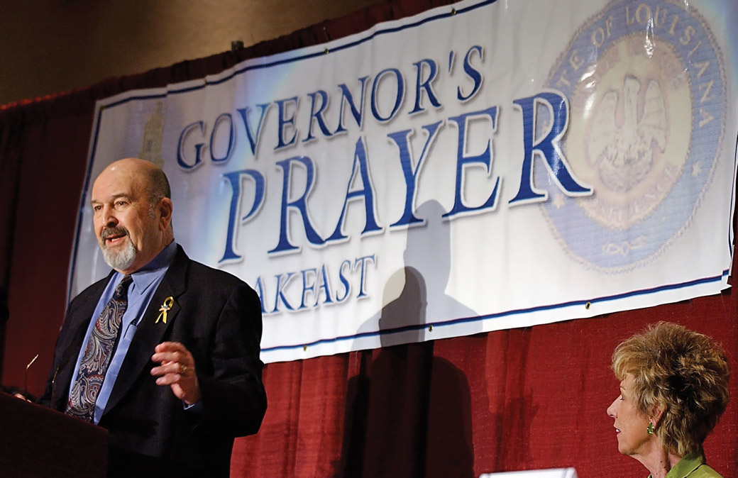 Governor Mike Foster, pictured here at a 2003 prayer breakfast with his wife, Alice, purchased a mailing list from David Duke in 1995 for $152,000. Ultimately, Foster never used the list in his campaigns. Courtesy of the Advocate, photo by Bill Feig