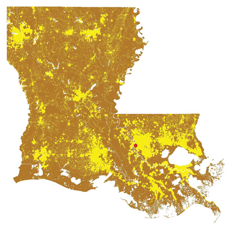 Residents of Louisiana (shown in yellow dots) are evenly distributed to the north, south, east, and west of a theoretical point in southern Baton Rouge (red dot), near Tiger Stadium, known as the population centroid. Map and analysis by Richard Campanella.