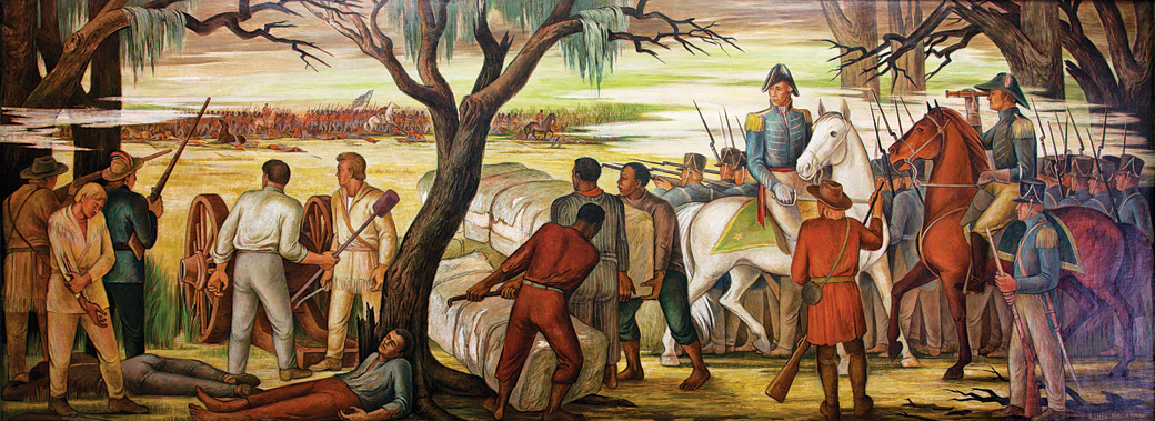 The mural Andrew Jackson at the Battle of New Orleans, January 8, 1814, by Ethel Magafan, located at the Recorder of Deeds building in Washington, D.C., includes African Americans among troops under Jackson’s command. Courtesy of the Library of Congress
