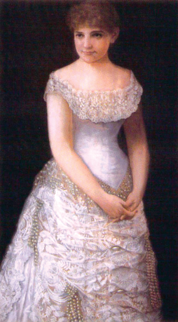 Susie Richardson, who reigned as Queen of Carnival and as Queen of the Krewe of Proteus in 1883, is seen in her elaborate debut gown in this pastel portrait.