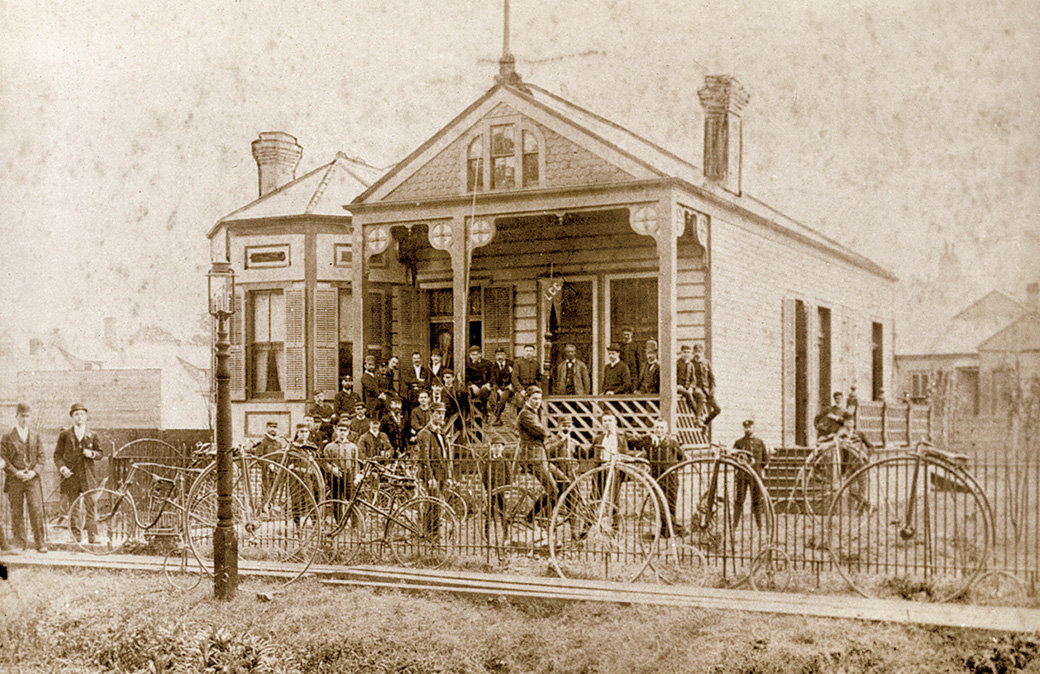 Louisiana Cycling Club members gather outside their clubhouse, located at 1637 Octavia Street. Founded by railroad clerk Richie Betts, the LCC attracted younger members of the city's middle class. Courtesy of the Historic New Orleans Collection.