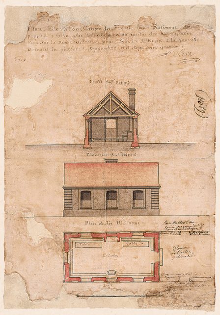 This water-colored drawing – created by the artist Alexandre De Batz in 1740 Ð is entitled "Plan, Elevation, Section and Profile of the Brick Building Projected to Be Built on the Corner of the Garden of the Rev. Capuchin Fathers, Facing on Orleans Street, to Serve as a School.Ó The new structure would have replaced a nearby ruined house, where Capuchin Father Raphael de Luxembourg had established a school for boys in 1725, but it was never built. Courtesy of the Louisiana State Museum Historical Center and the Louisiana Historical Society