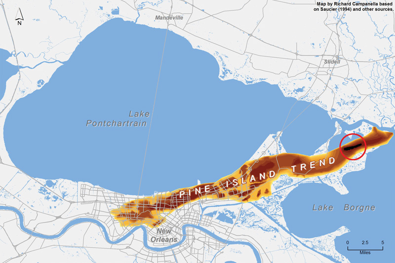 The subterranean Pine Island Trend in eastern Orleans Parish. The red circle shows location of surface expression. Map by Richard Campanella 