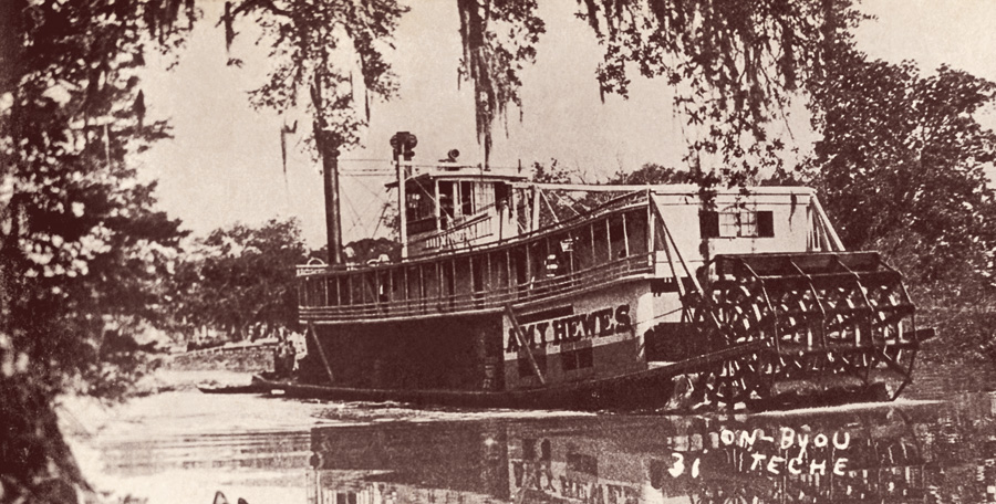 Postcard image of the steamboat Amy Hewes on the Teche, one of the last steamboats to ply the waterway, ca. 1935. Courtesy of Shane Bernard