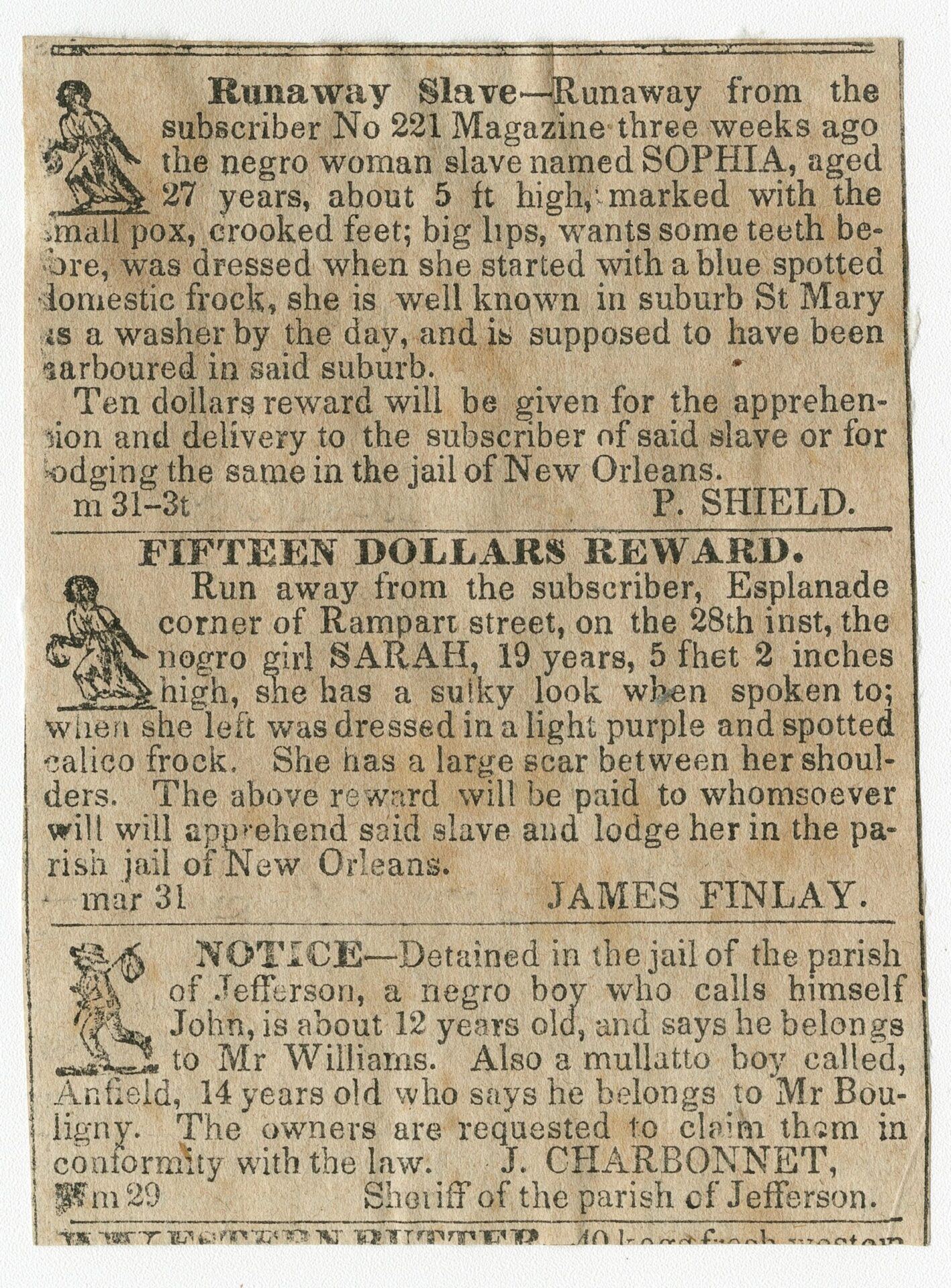 Newspaper Notices Documenting the Self-Emancipating Actions of Enslaved People, 1836