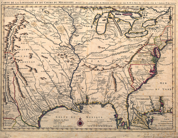 Carte de la Louisiane et du cours de Mississipi dressée sur un grand nombre de mémoires entrautres sur ceux de Mr. le Maire, par Guillme. de Lisle
