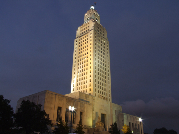 The Louisiana State Capitol building in Baton Rouge at night