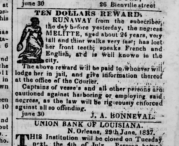 Ten Dollars Reward, Newspaper Advertisement for the Return of a Runaway Slave