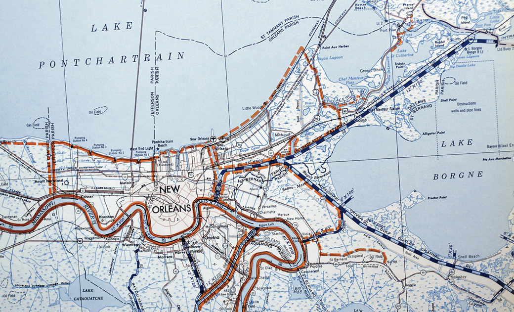 A U.S. Army Corps of Engineeers map from 1965 depicts the Misissippi River Gulf Outlet, forking southeastward from the Intracoastal Waterway.