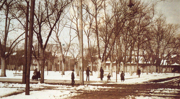 A rare winter storm draped Congo Square in snowfall. The sycamore trees were planted in 1845, one of many civic improvements that intentionally led to the demise of the squareas a site for African dancing. Courtesy of TheHistoric New Orleans Collection