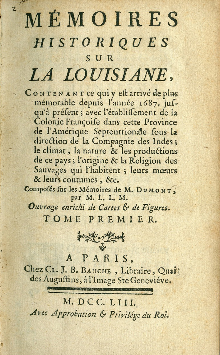 Title Page of “Memories Historiques sur la Louisiane,” 1753