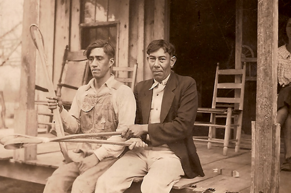 Merlin Pierite and Joseph Pierite of the Tunica-Biloxi Tribe of Louisiana with stickball raquettes, ca. 1930. Courtesy of Williamson Museum, Northwestern State University, Frank Speck Collection