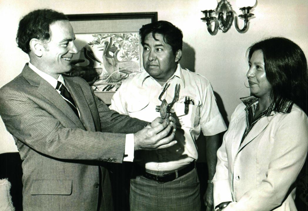 Coushatta tribal chairman Ernest Sickey, tribal secretary Barbara Langley, and Senator J. Bennett Johnston, ca. 1970.