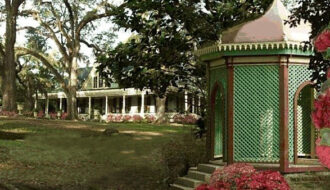 An octagonal wooden gazebo overlooks the gardens in front of the Butler Greenwood plantation house. Photo by Patrick T. Walsh.