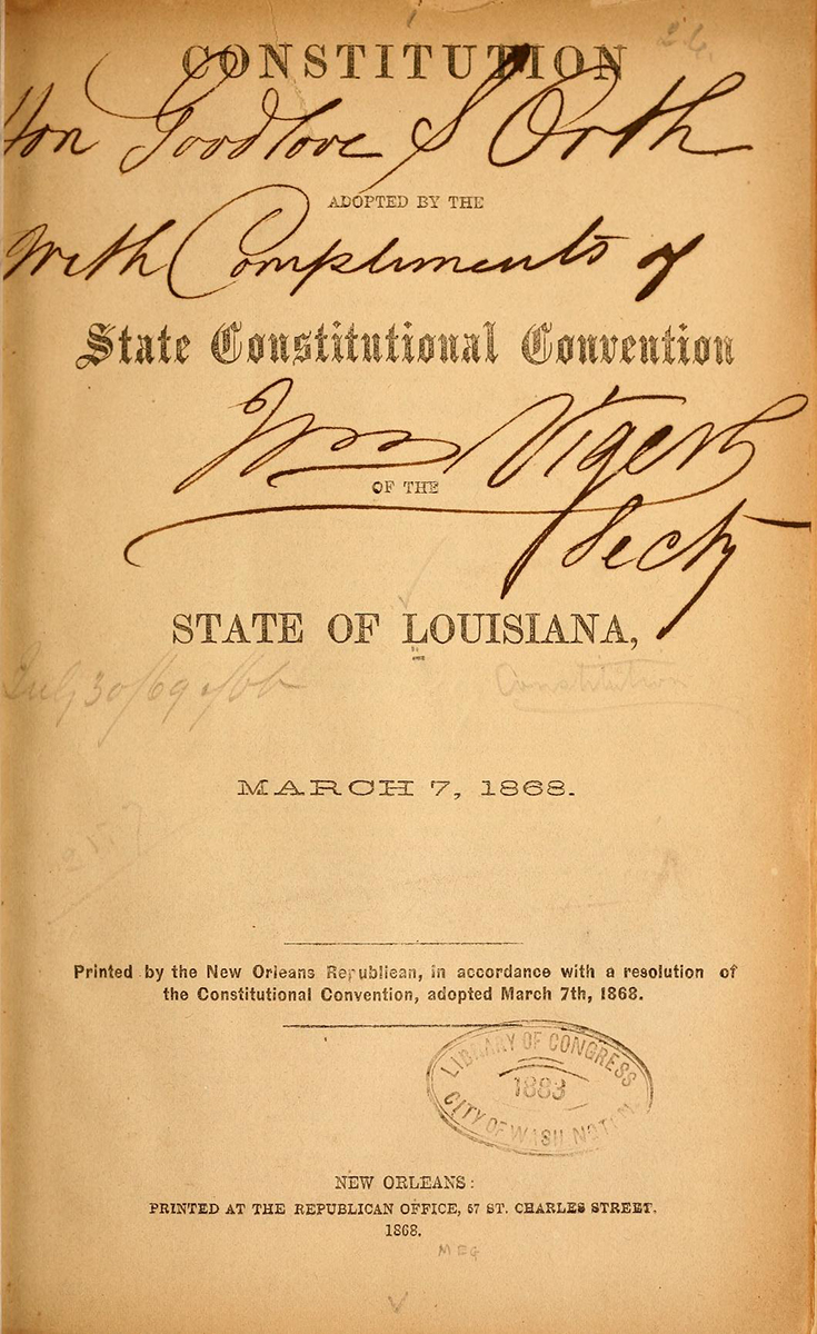 Title page of the Louisiana State Constitution of 1868