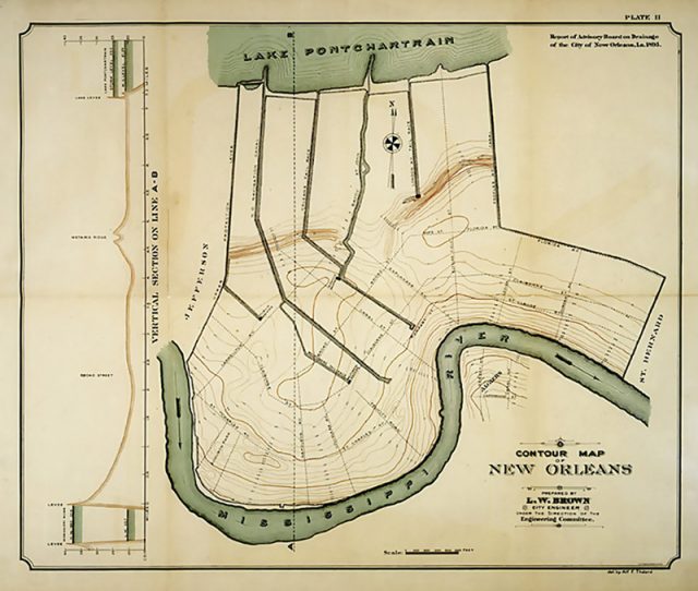 This 1895 elevation map of New Orleans by LW Brown and the Drainage Advisory Board, was the best of its time. Courtesy The Historic New Orleans Collection