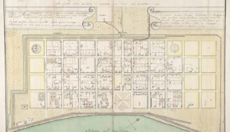 Watercolor, pen, and ink map of New Orleans from 1731 showing the rectilinear grid recognizable as the French Quarter.