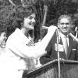 Jacqueline Kennedy spoke to the enthusiastic crowd in French.