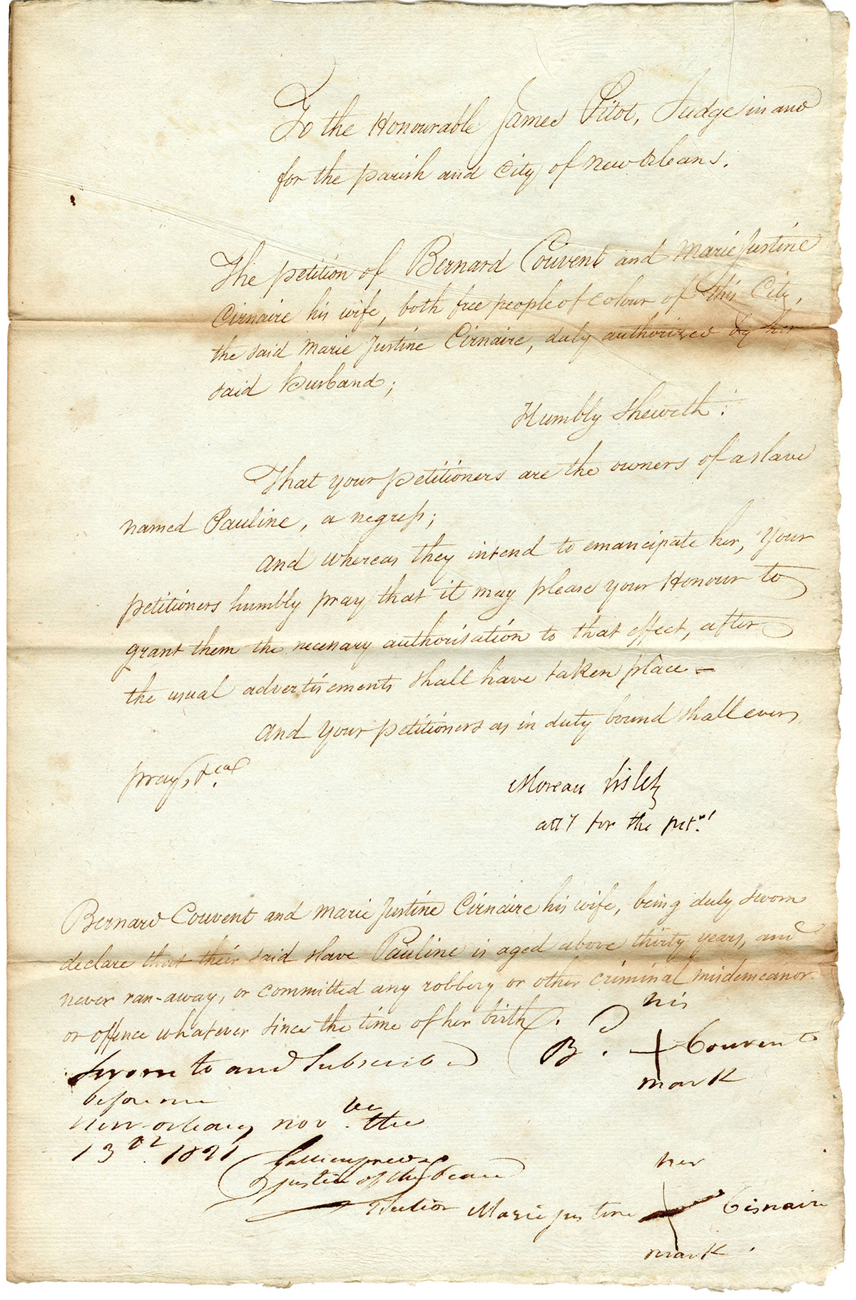 Emancipation petition of Bernard Couvent and Marie Justine Cirnaire, 1821
