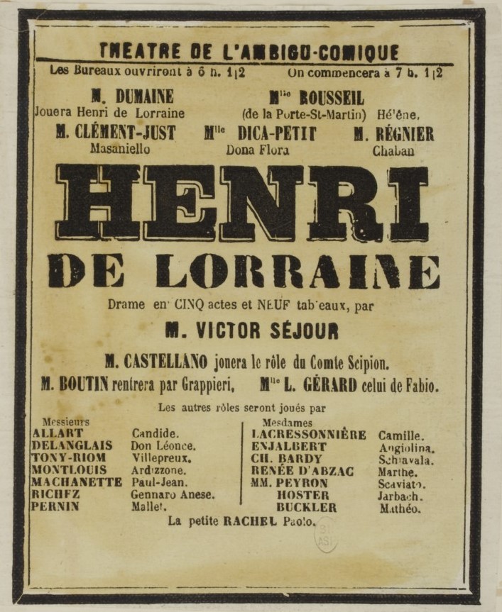 Playbill for Victor Séjour’s “Henri de Lorraine”
